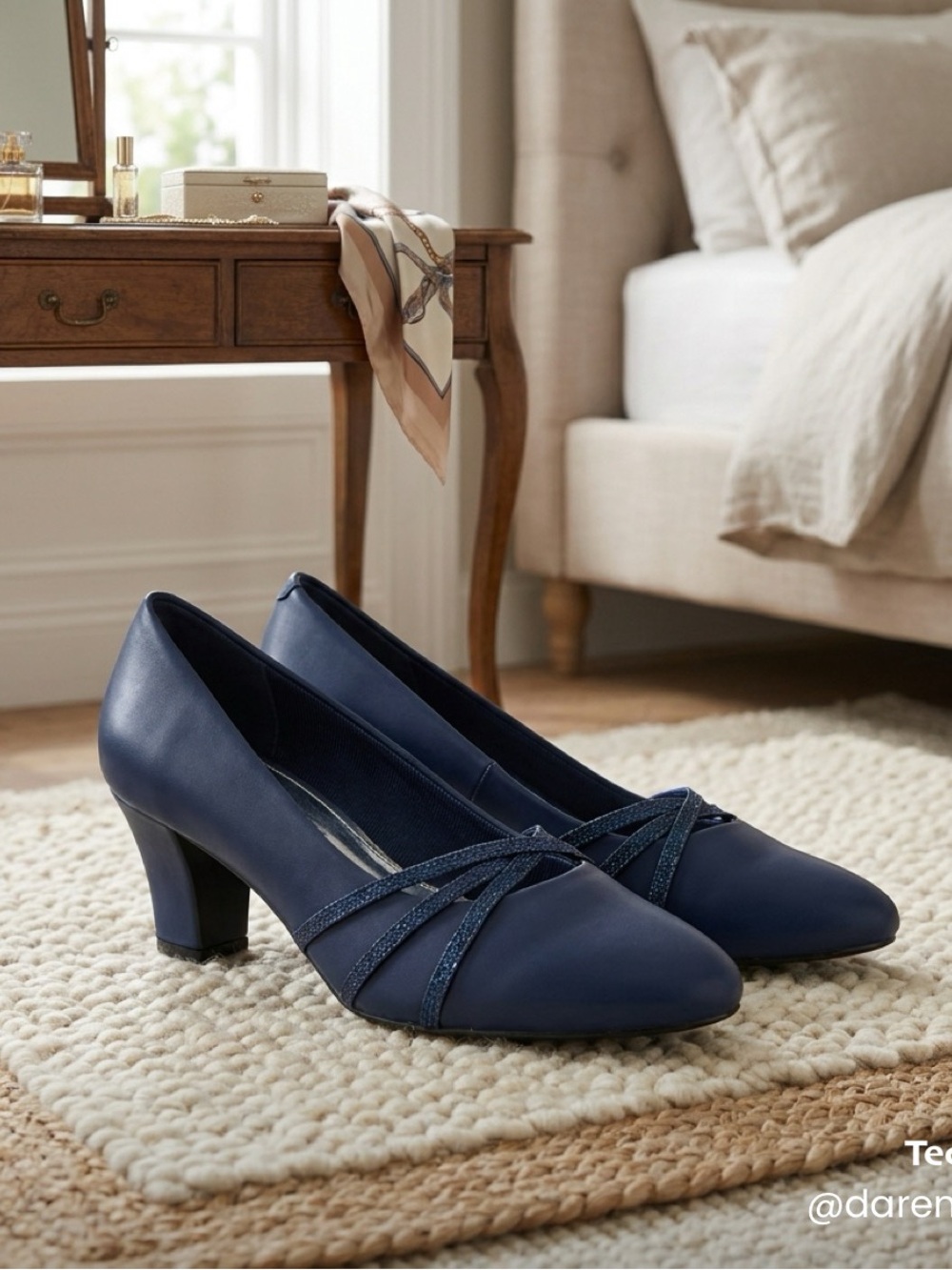 Navy Mid-Heel Dress Pumps with Sparkle Crisscross Straps